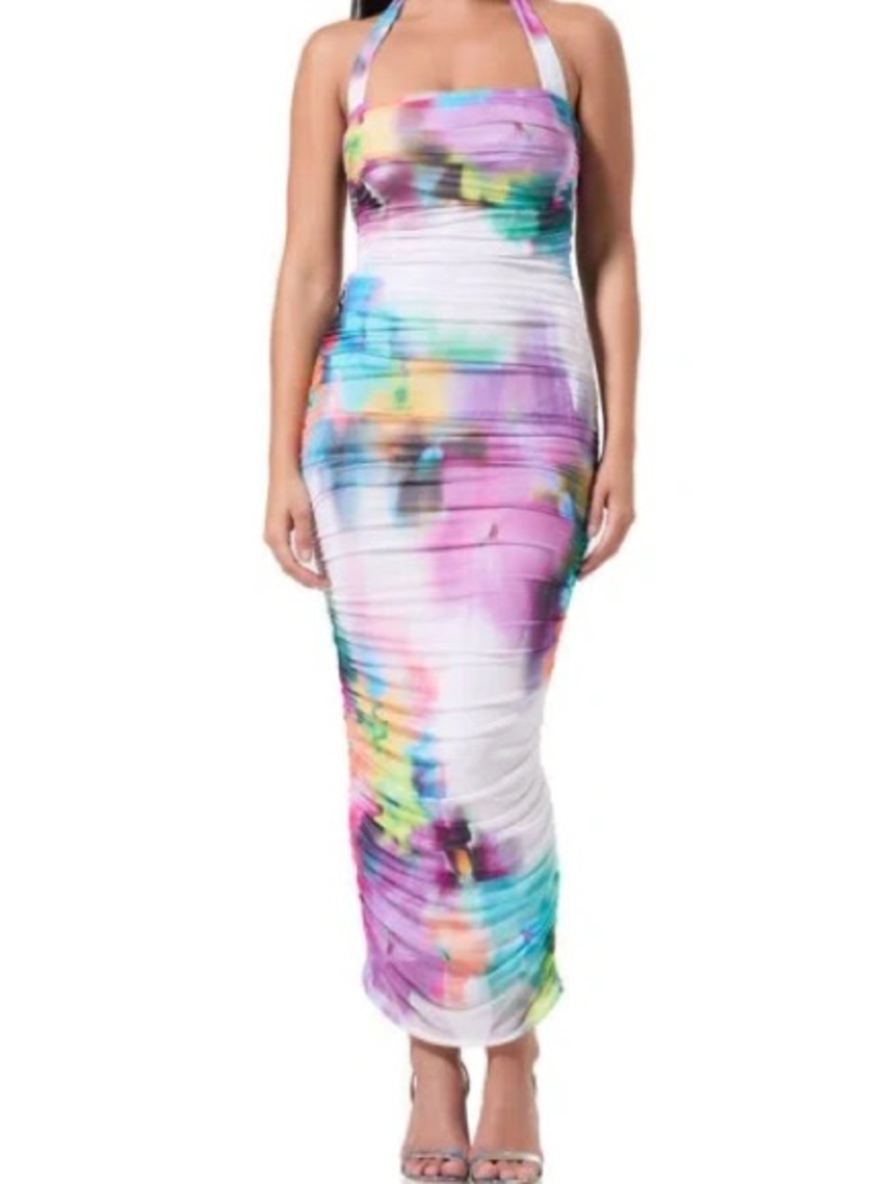 AFRM Indina Halter Mesh Ruched Maxi Dress